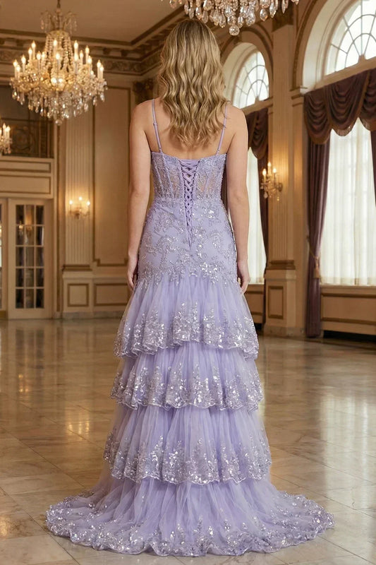 Sevoba lavender sequin lace corset tiered mermaid prom dress with lace-up back and tulle ruffle skirt, back view in ballroom setting