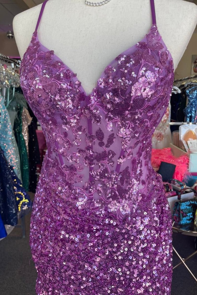 Othello | Sparkle Appliques Sequin Bodycon Lilac Homecoming Lace-up Dress
