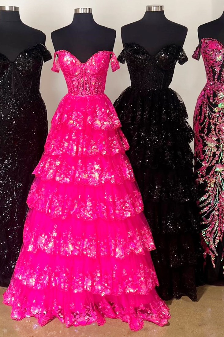 Sevoba|Off-the-Shoulder Gold Sequin Lace Ruffle Multi-Layer Long Prom Dress
