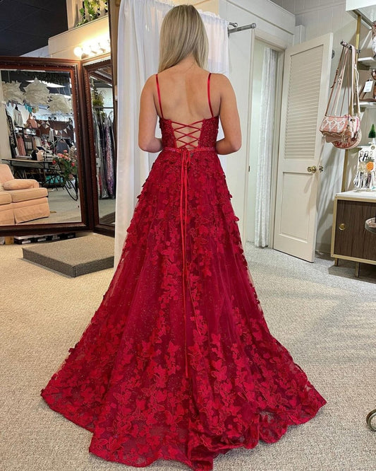 Shana | Cute A Line Scoop Neck Red Lace Prom Dresses with Beading
