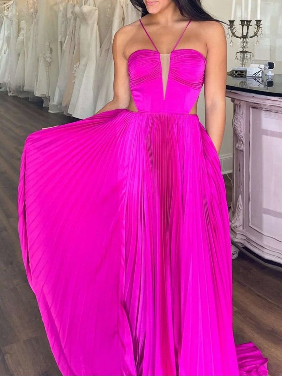 Kimia | A-Line Straps Royal Blue Pleated Chiffon Long Formal Dress with Bow Back