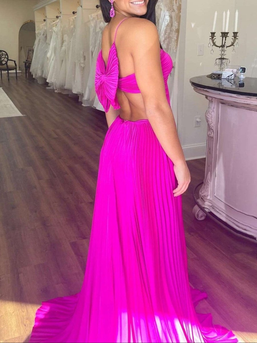 Kimia | A-Line Straps Royal Blue Pleated Chiffon Long Formal Dress with Bow Back