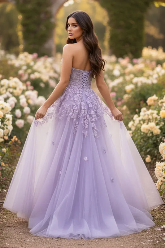 Sevoba lilac strapless sweetheart floral applique tulle ball gown prom dress with full skirt, front view in rose garden setting