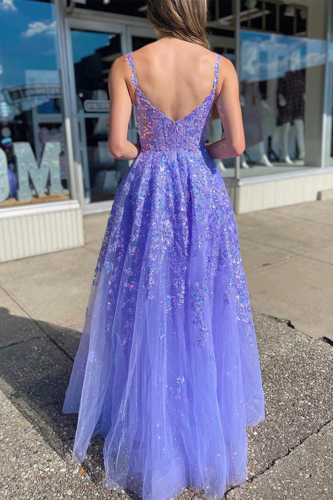 Sevoba|Lavender Tulle Sequin Scoop Neck A-Line Long Dress with Slit