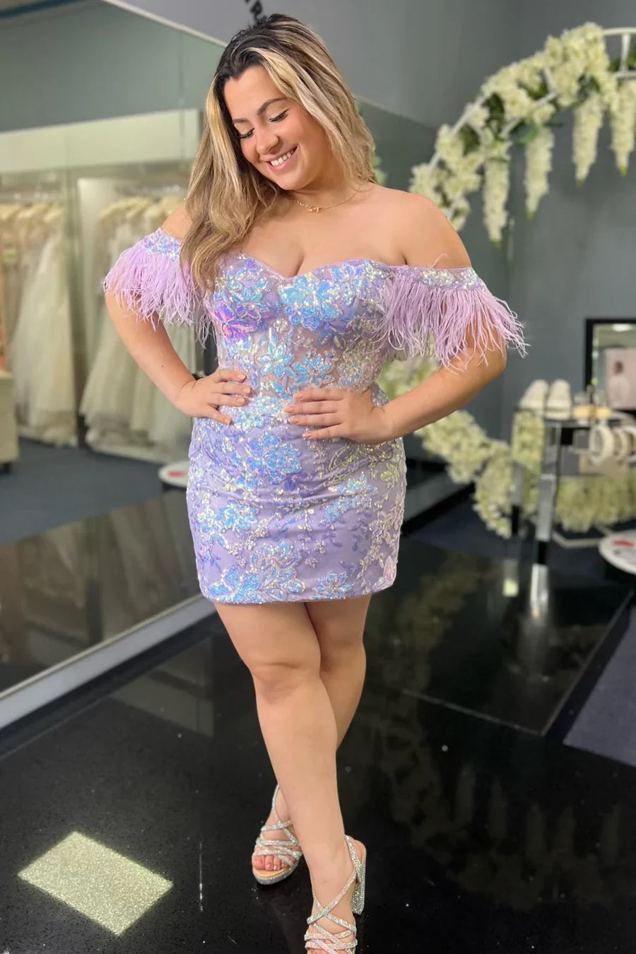 Selena | Bodycon Lace Feathers Off-the-Shoulder Short with Sequin Appliques Homecoming Dresses