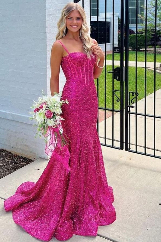 Sevoba|Mermaid Spaghetti Straps Glitter Mermaid Long Prom Formal Dress