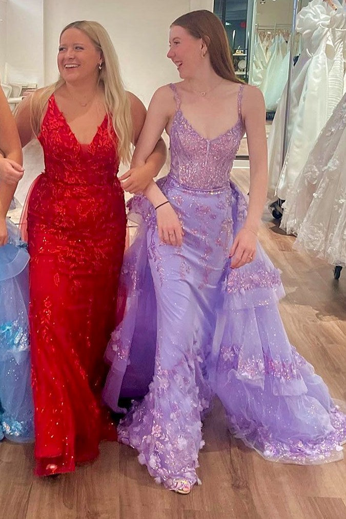 Sevoba|Blue Sequin Lace V-Neck Pageant Dress with Attached Train