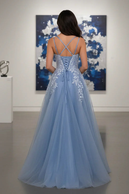 Back view of Sevoba steel blue evening gown showing a lace-up corset back and criss-cross double straps, gallery background