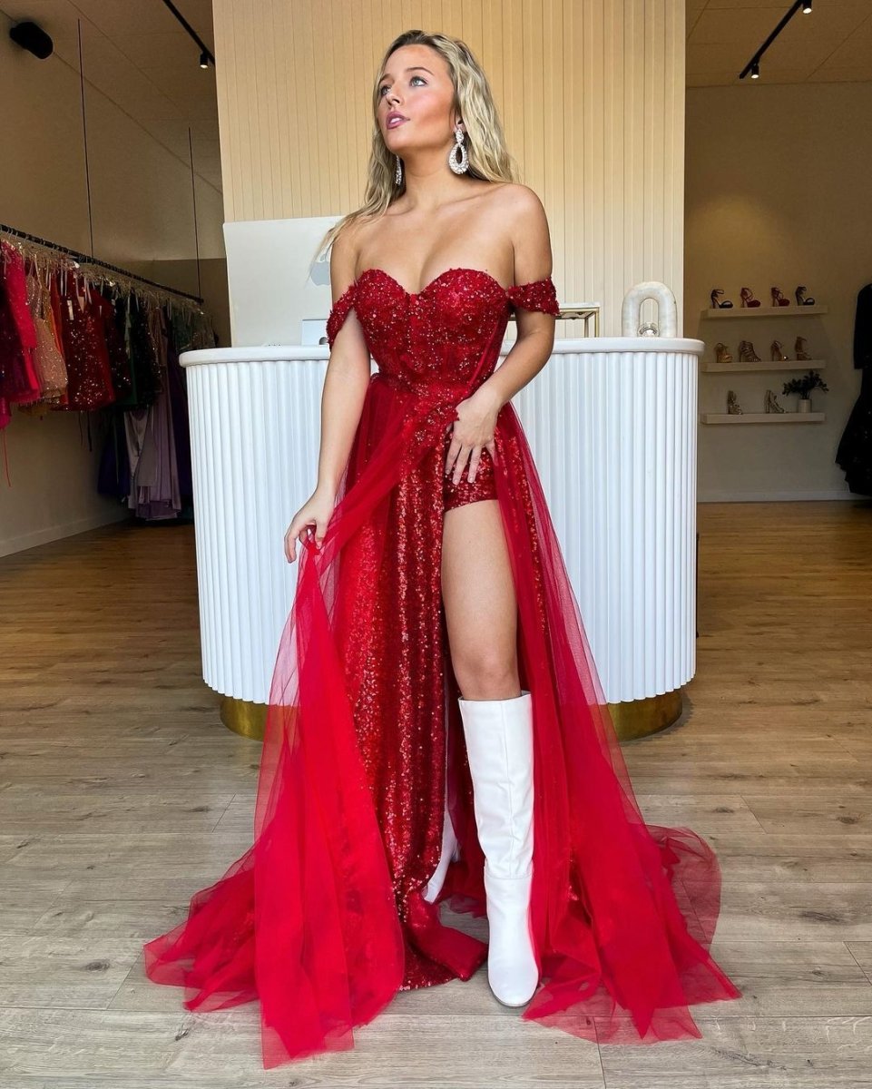 Ashlee | Sparkly Tow Piece Off the Shoulder Red Sequins Long Prom Dresses