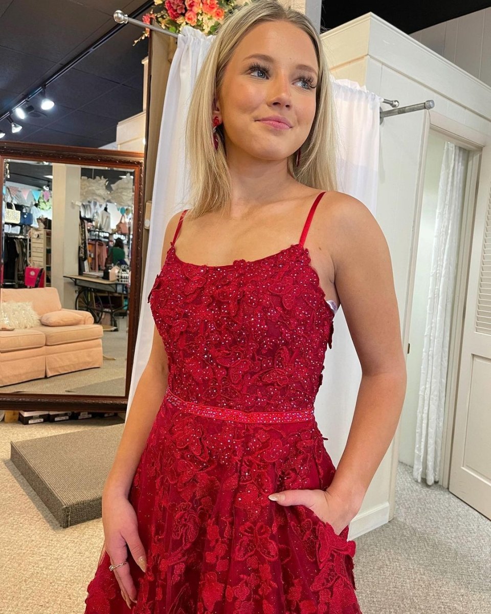 Shana | Cute A Line Scoop Neck Red Lace Prom Dresses with Beading