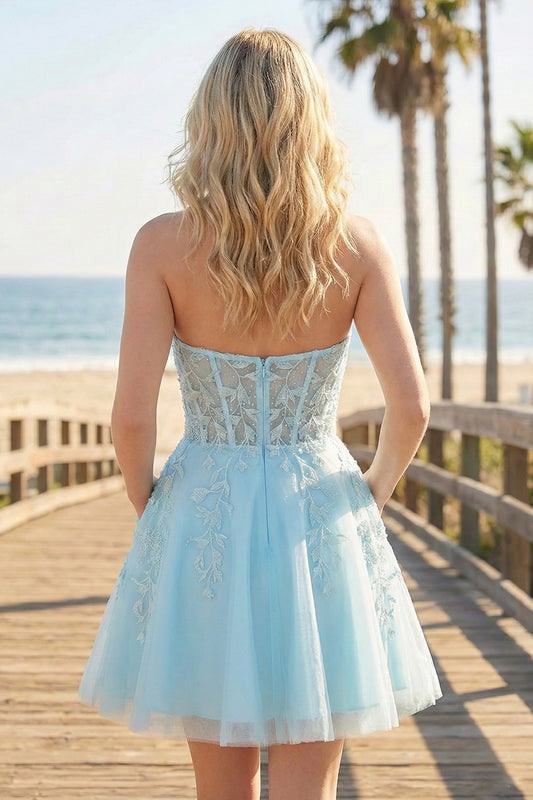 A-Line Illusion Tulle Lace Homecoming Dress with Floral Appliqued | Sevoba
