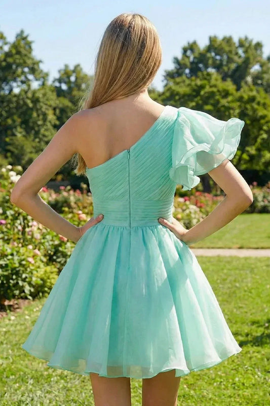 A-line mint green one-shoulder dress with ruffled sleeve, outdoor garden background