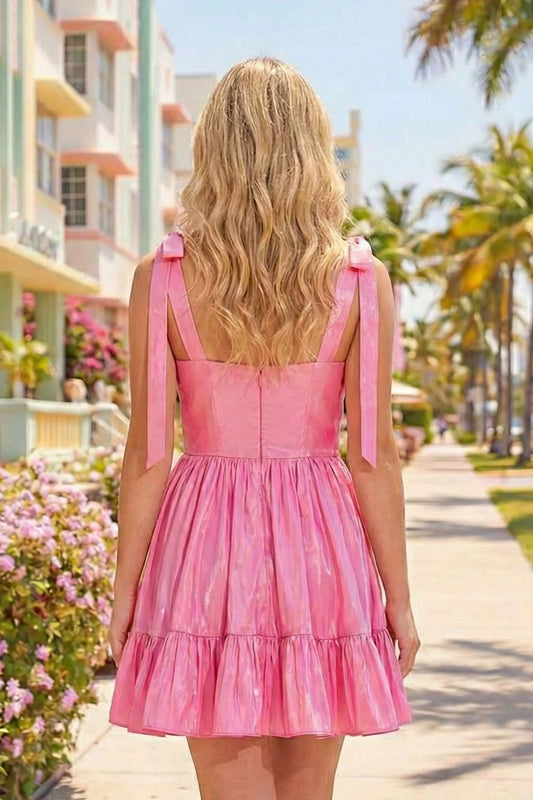 A-line Sweetheart Pink Ruffled Taffeta Homecoming Dress With Bow Straps | Sevoba