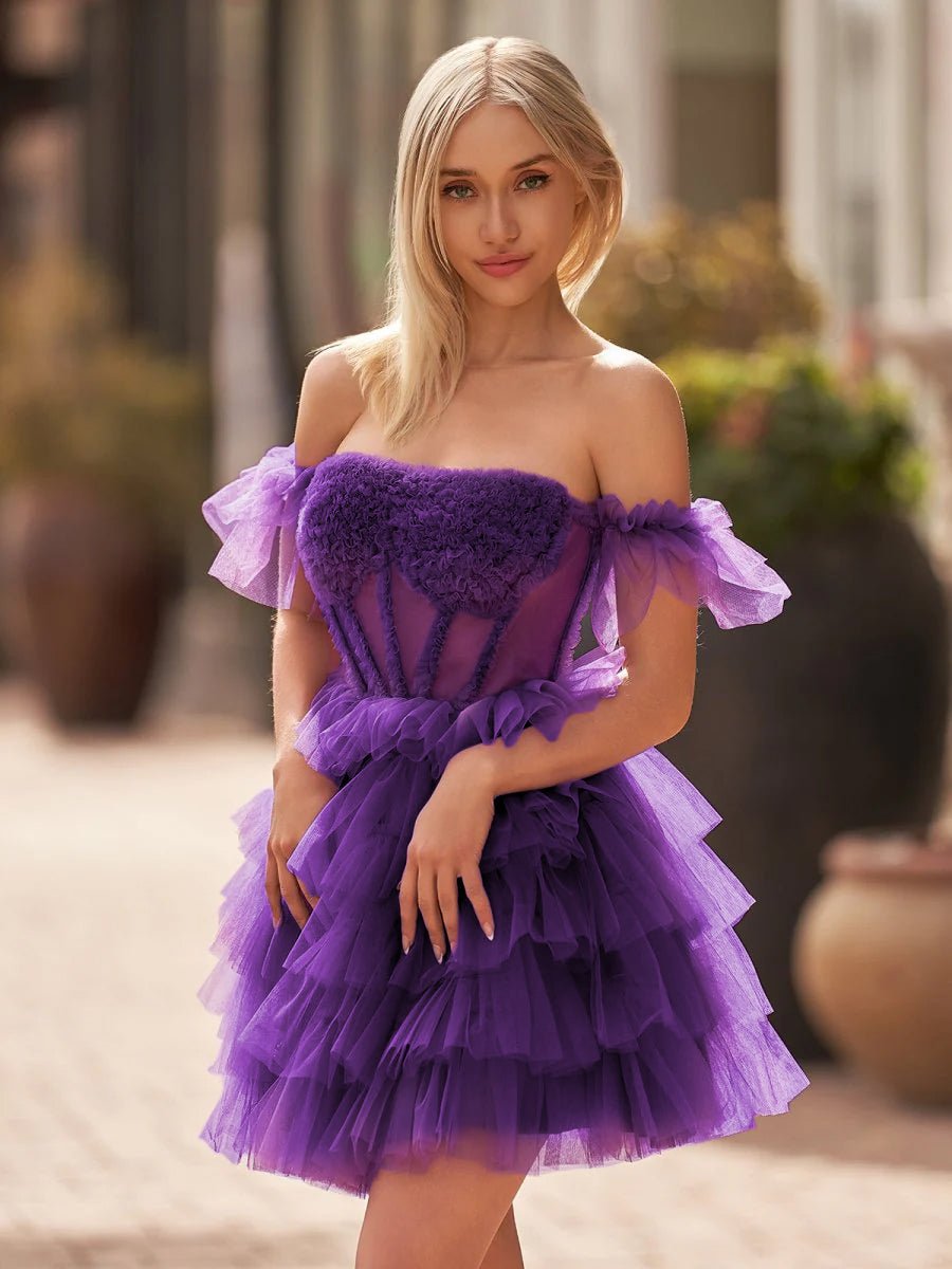 Sevoba|A Line Purple Off-the-Shoulder Lace-Up Ruffle Tiered Homecoming Dress