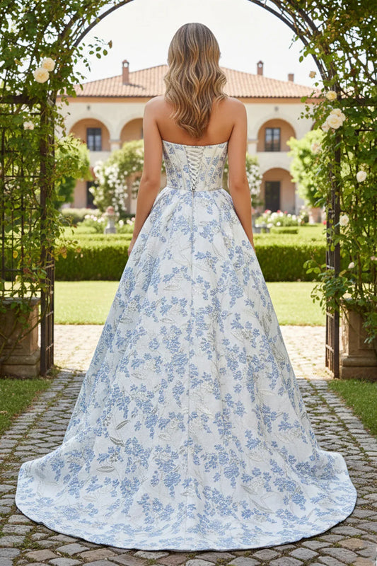 Sevoba sweetheart corset floral A-line prom dress with lace-up back, back view with sweep train