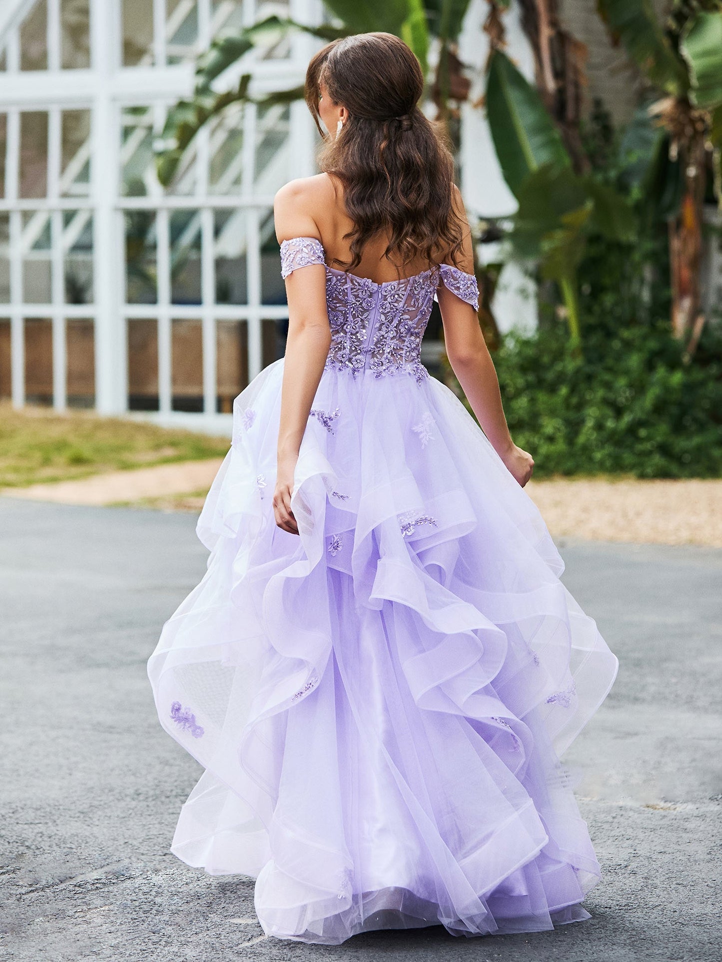 Sevoba | Off-the-shoulder Tulle Prom Dress with Floral Appliqued Lace Lilac