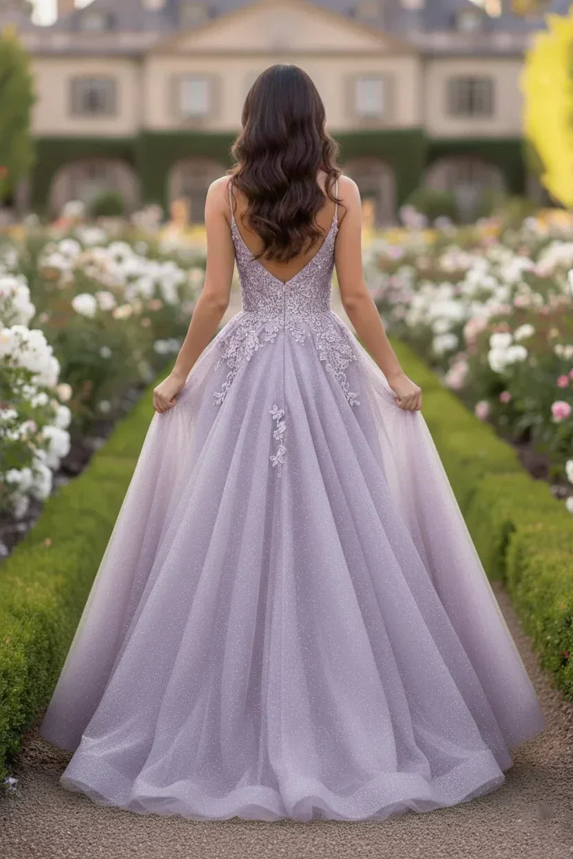 Beaded Lace Tulle Spaghetti Strap A-Line Prom Dress | Sevoba