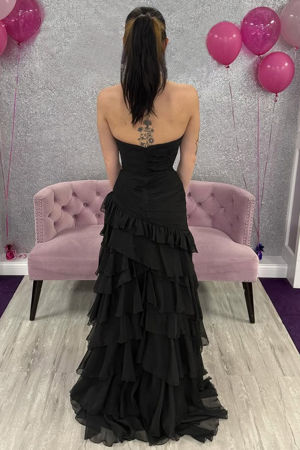 Black Strapless Ruffled Mermaid Prom Dress with Tiered Chiffon Skirt