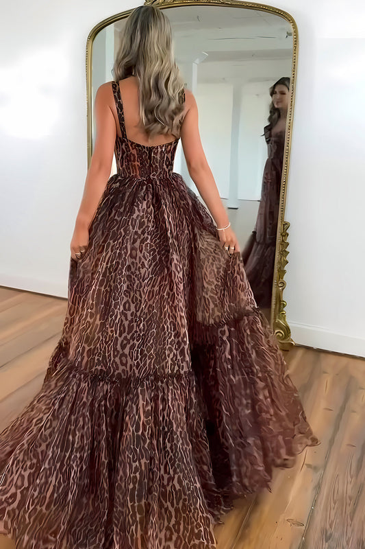 Brown Leopard Print Strappy Prom Dress with Flowing Tiered Train