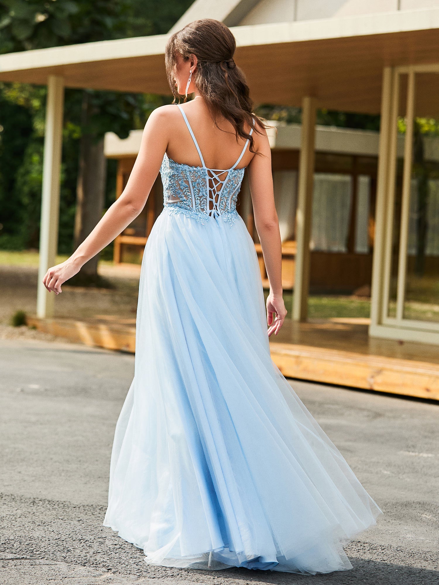 Sevoba | Flower Appliqued Corset Top Maxi Dress Sky Blue