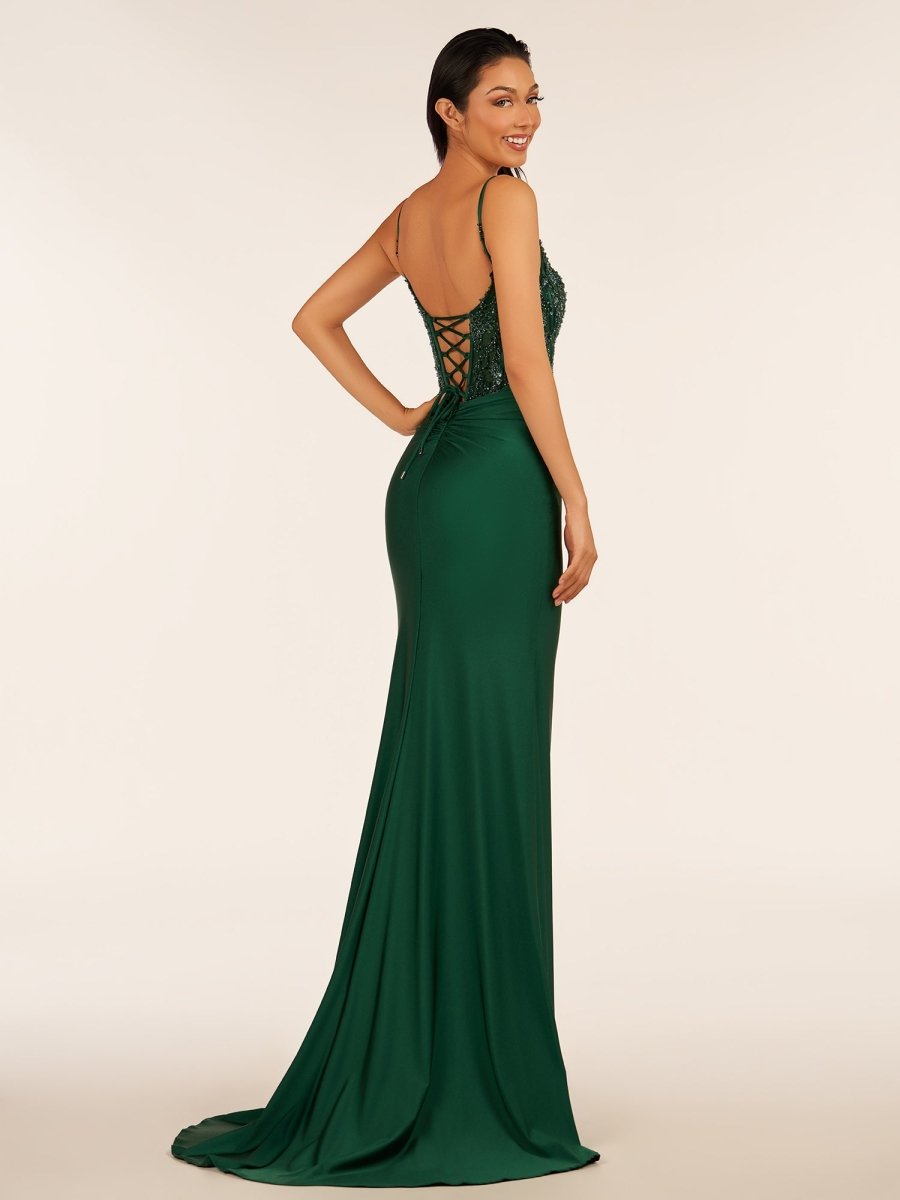 Rafenild | Green V Neck Beading Satin Long Slit Prom Dresses