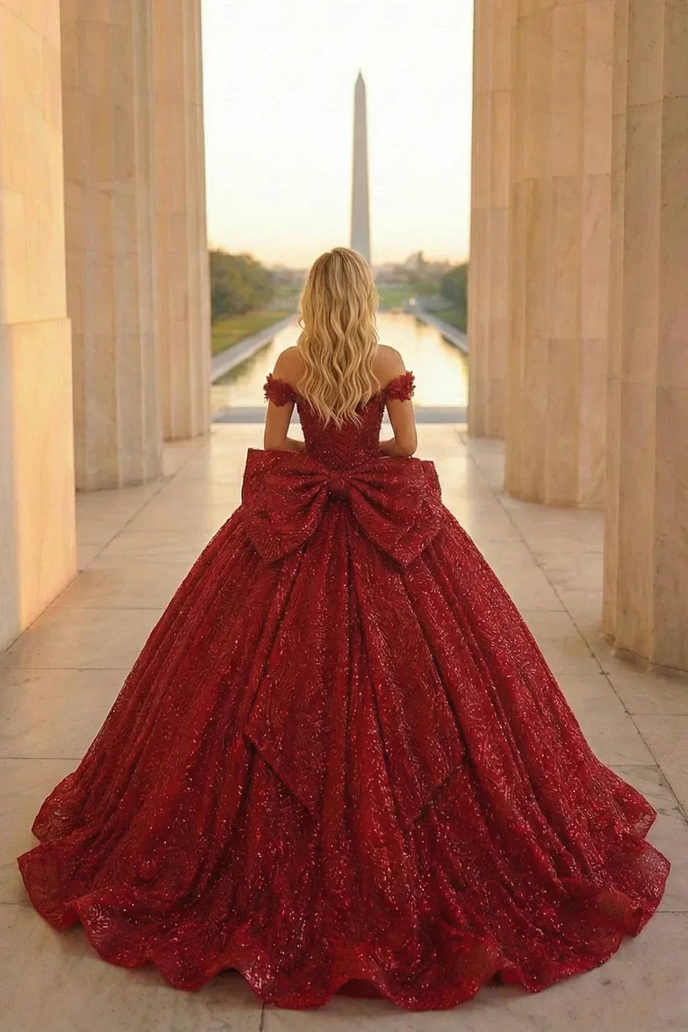 Woman in an off-shoulder red ball gown with large back bow, standing near monument.