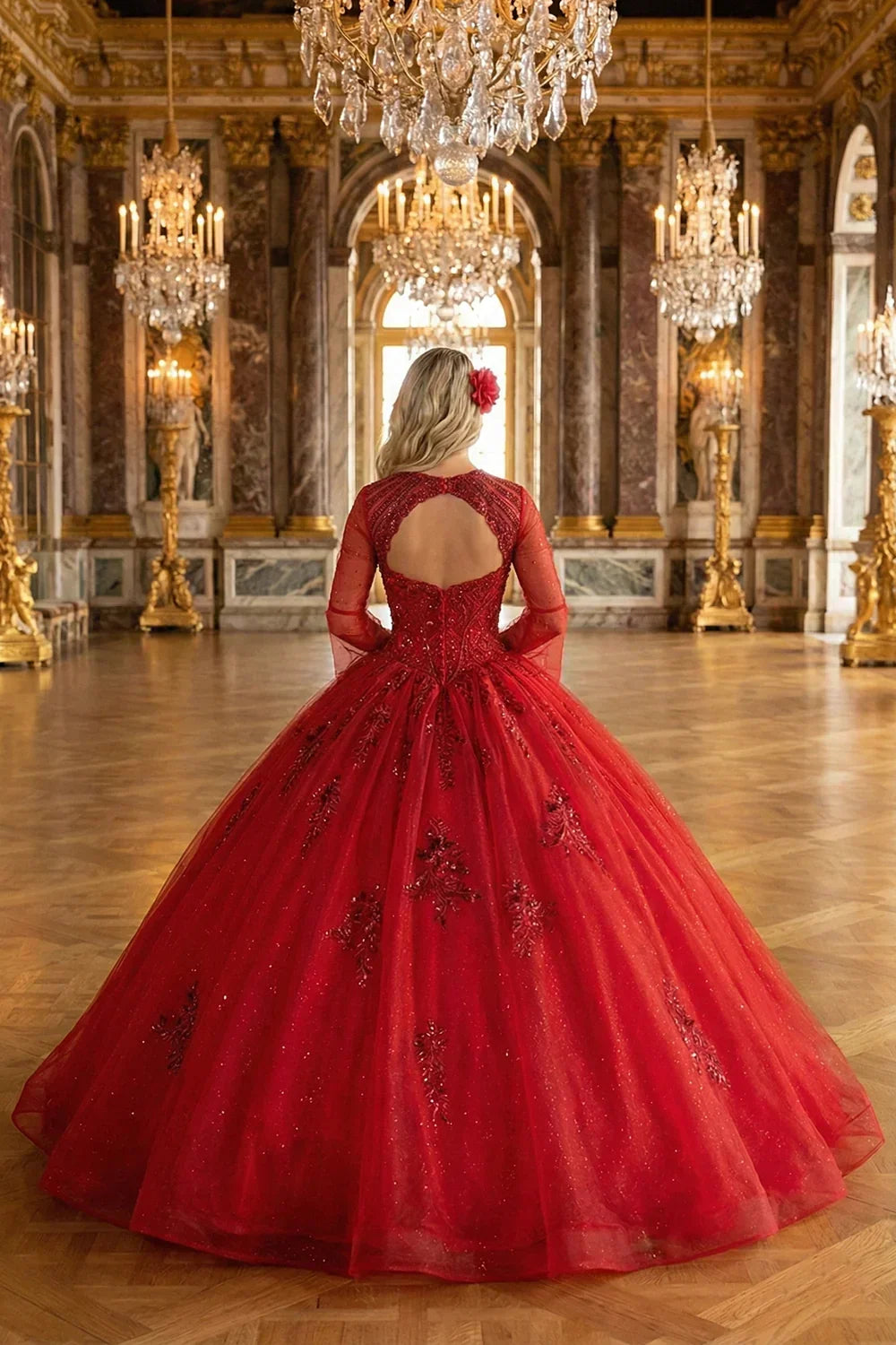 Woman in a red high-neck tulle quinceañera dress with lace and cut-out back in a ballroom
