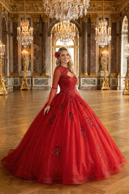 Woman in elegant red tulle quinceañera dress with lace details in a grand ballroom