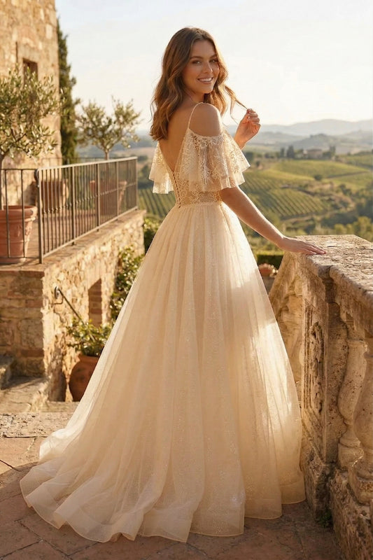 Cold-Shoulder Lace A-Line Wedding Dress with Flutter Sleeves | Sevoba