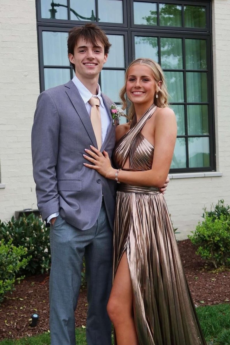 Peacock Blue Halter Neck A-Line Long Prom Dress With Split