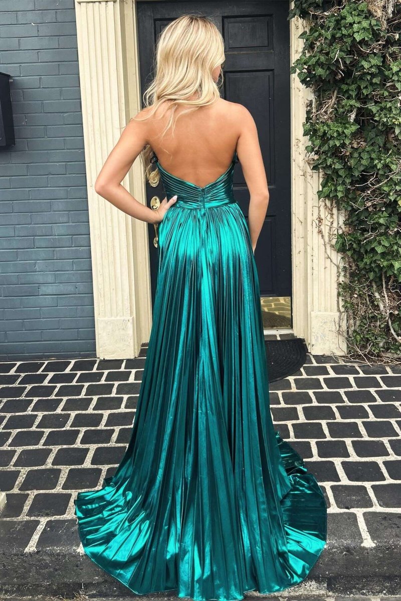 Peacock Blue Halter Neck A-Line Long Prom Dress With Split