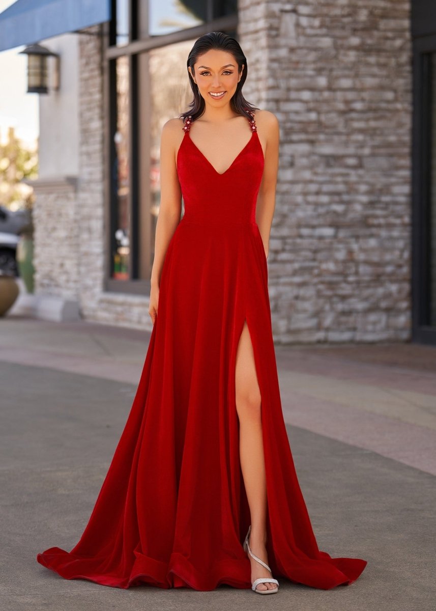 Rylan| Red Velvet Plunge V Cross Back A-Line Long Formal Dress
