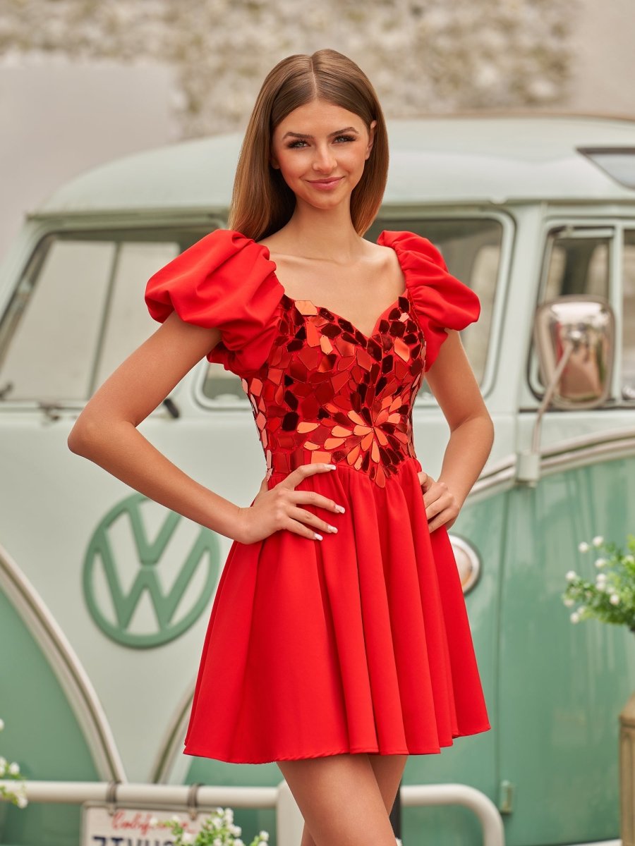 Sevoba | A-Line Short Red Cut-Glass Sweetheartg Dress