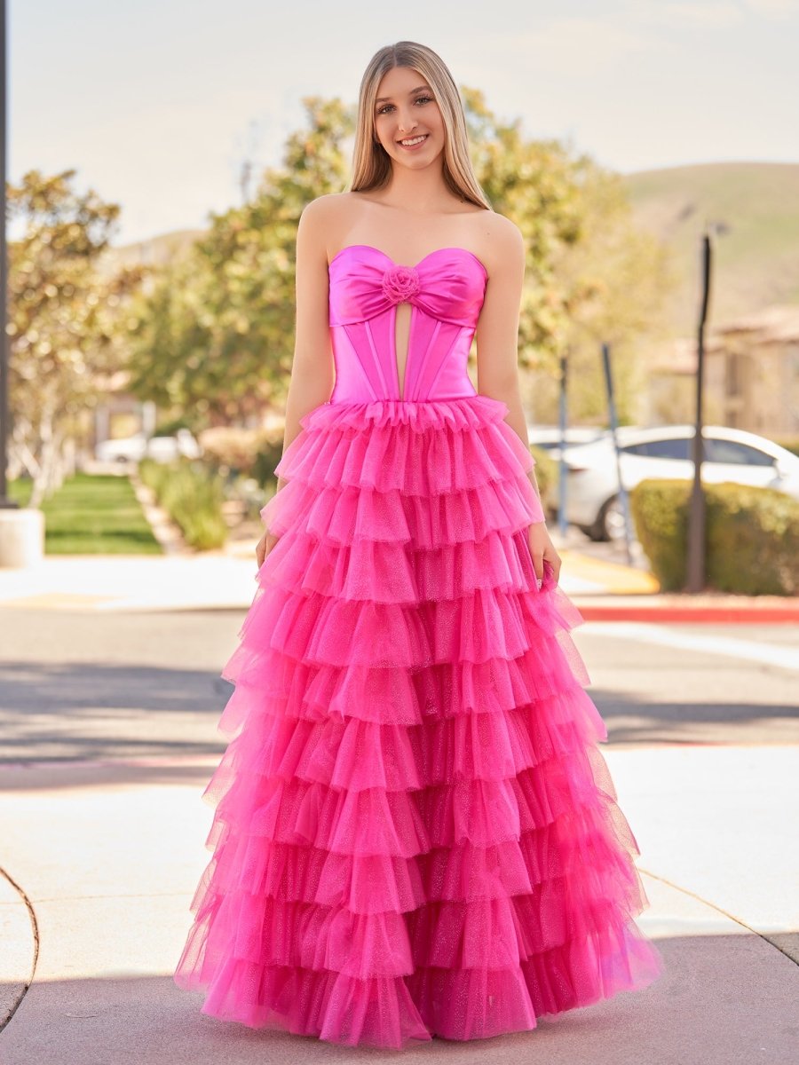 Rozara | Fuchsia A-Line Sweetheart Keyhole Tiered Tulle Long Prom Dresses
