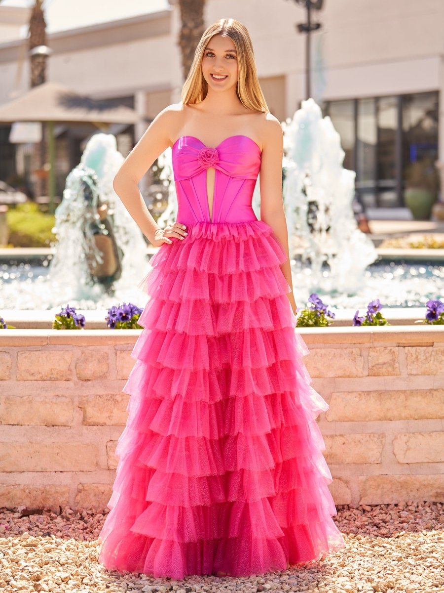 Sevoba|Fuchsia A-Line Sweetheart Keyhole Tiered Tulle Long Prom Dresses