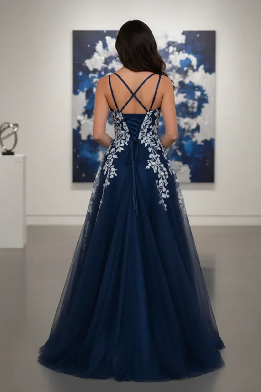 Double Strap Glitter Tulle Leaf Lace A-Line Prom Dress | Sevoba