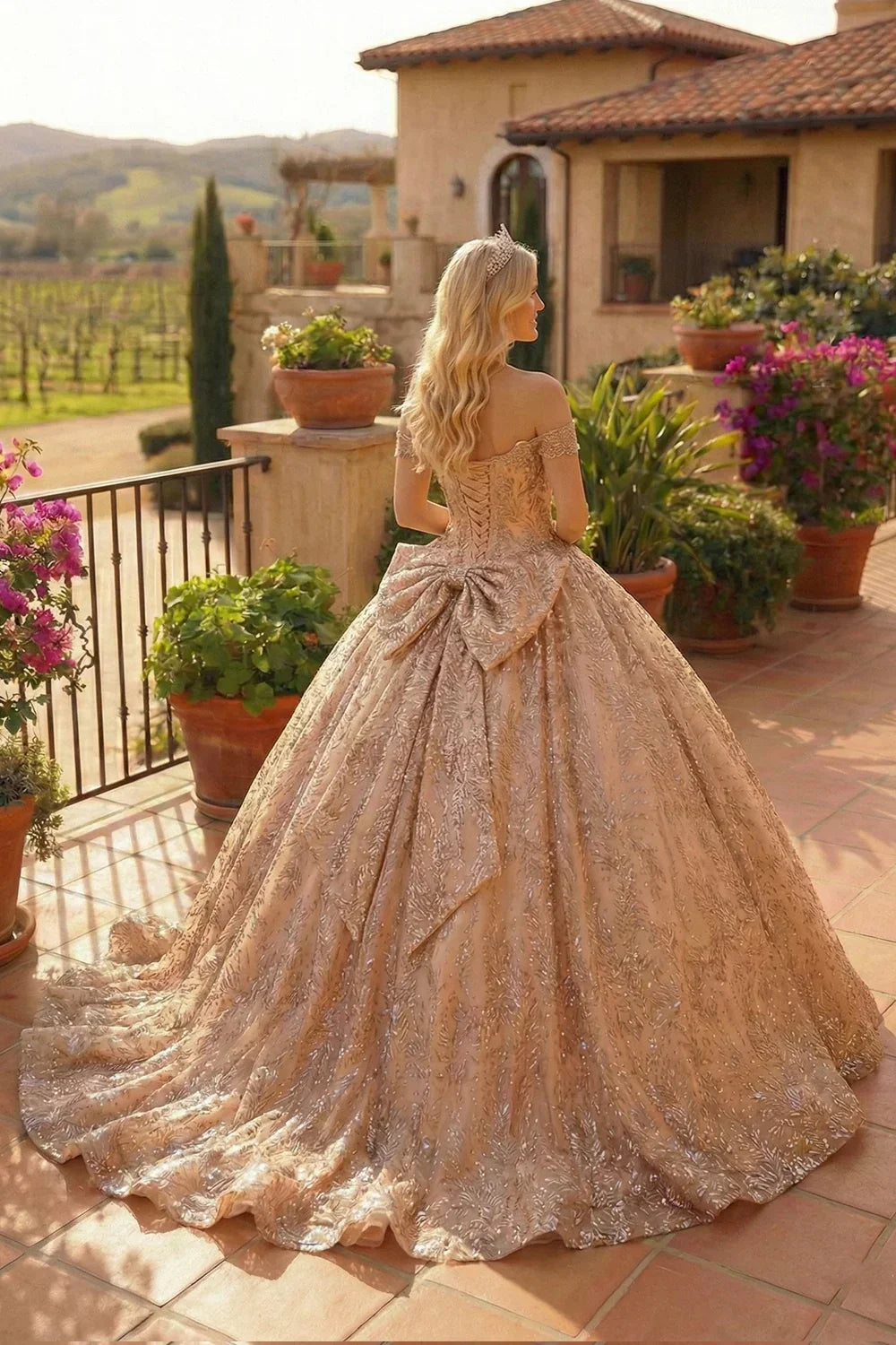 Elegant ball gown with floral embroidery and off-shoulder design, worn outdoors near villa.