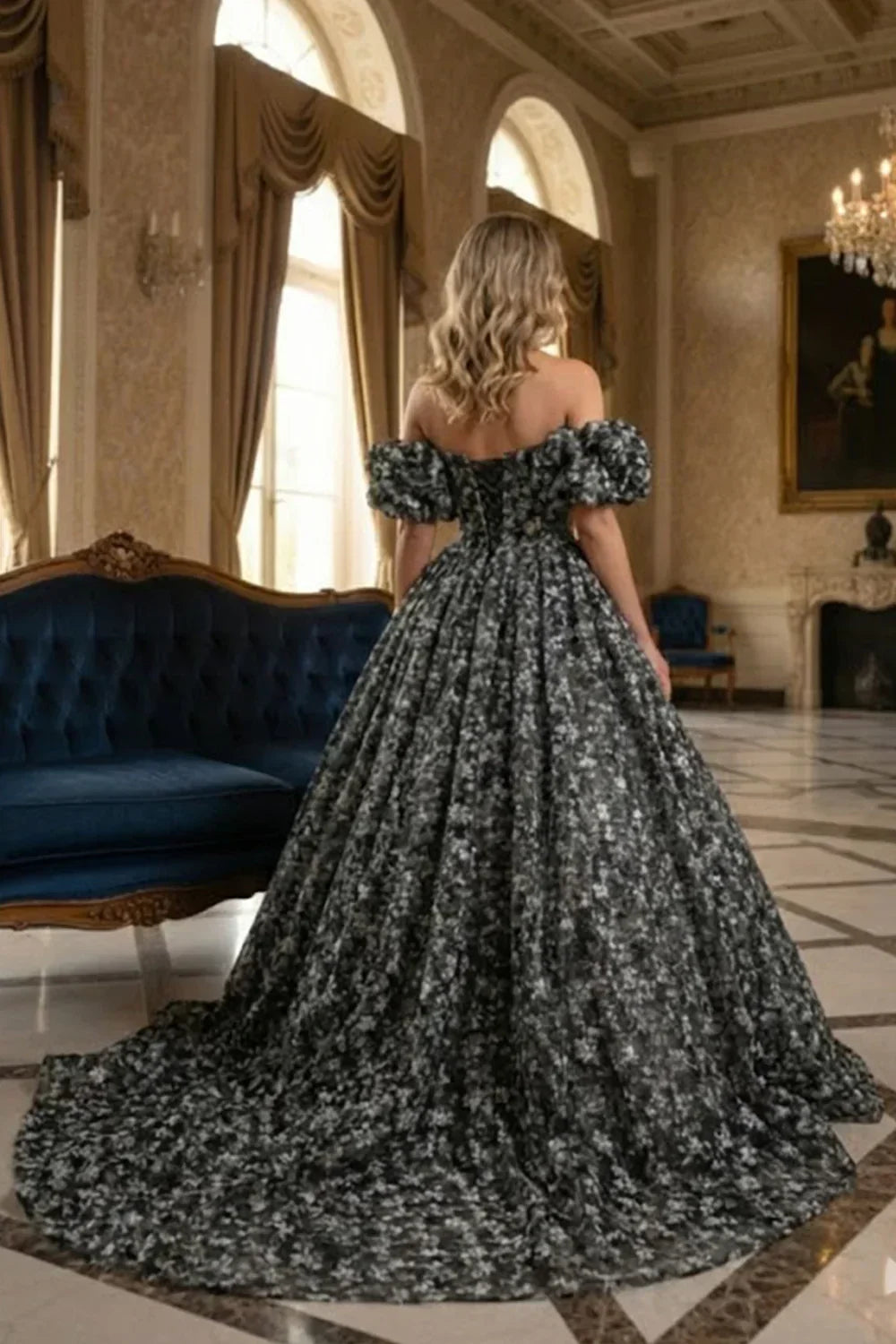 Elegant off-the-shoulder ball gown with floral pattern in a classic ballroom setting