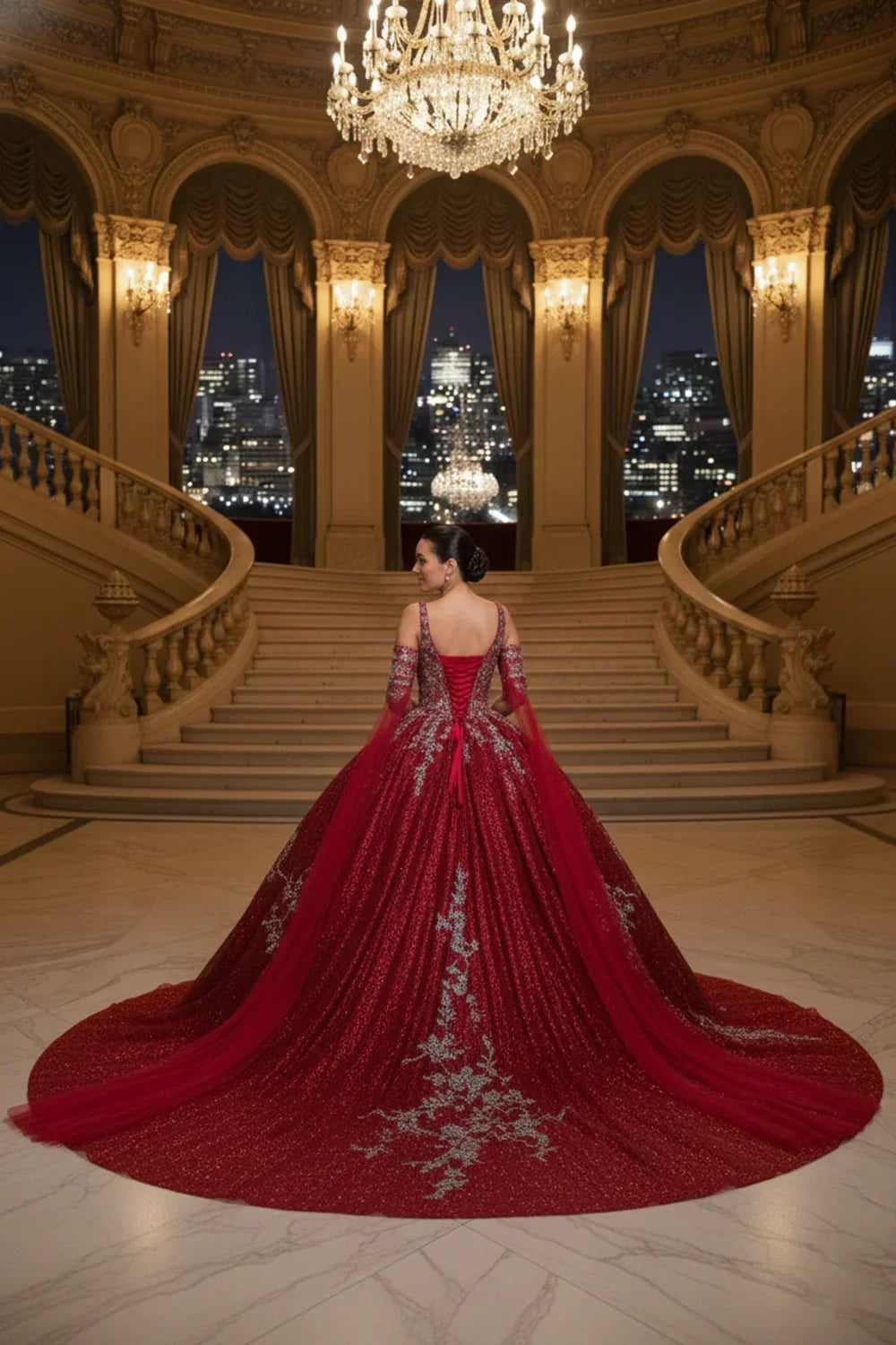 Woman in elegant red A-line off-the-shoulder tulle gown with silver embroidery in grand ballroom