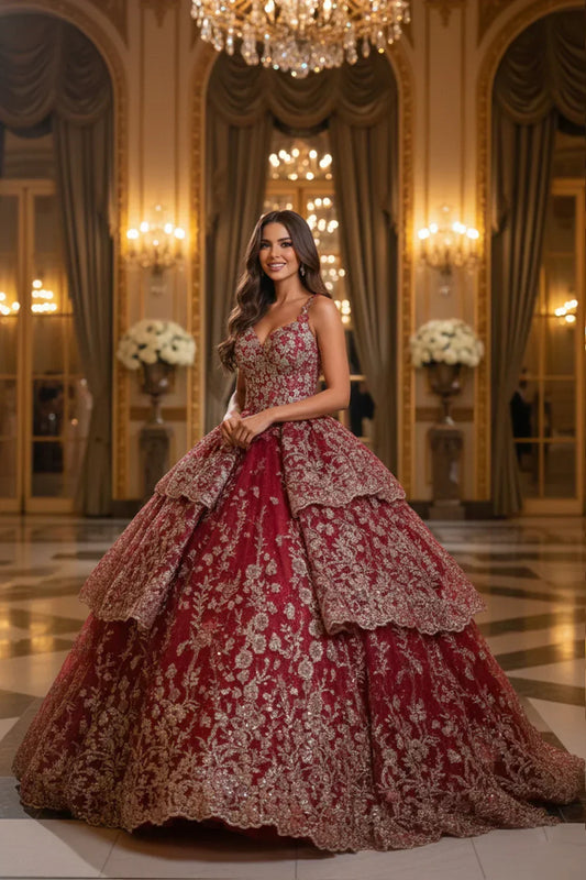 Woman in elegant red layered tulle ball gown with gold floral appliqué in grand ballroom