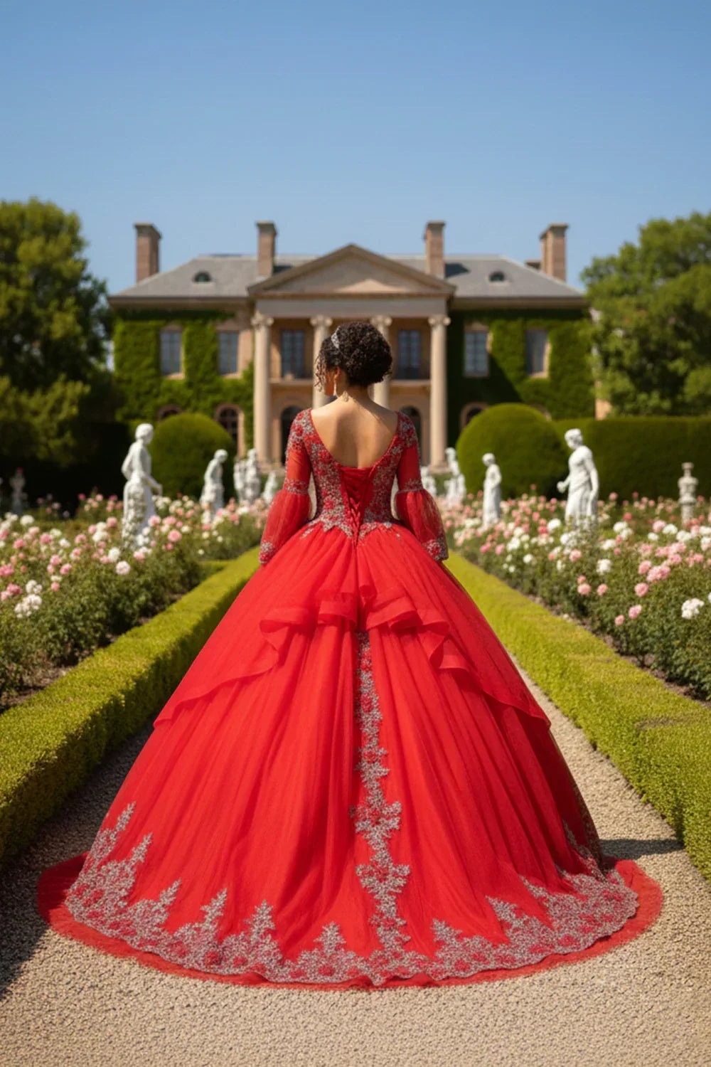 Woman in a red ruffled tulle ball gown with silver beading stands in a garden.