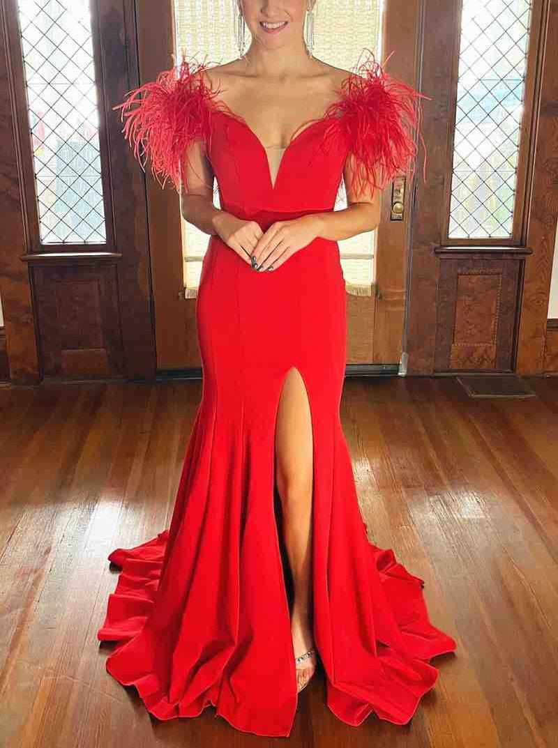 Plunging V-Neck Off the Shoulder Feathered Red Long Party Dress