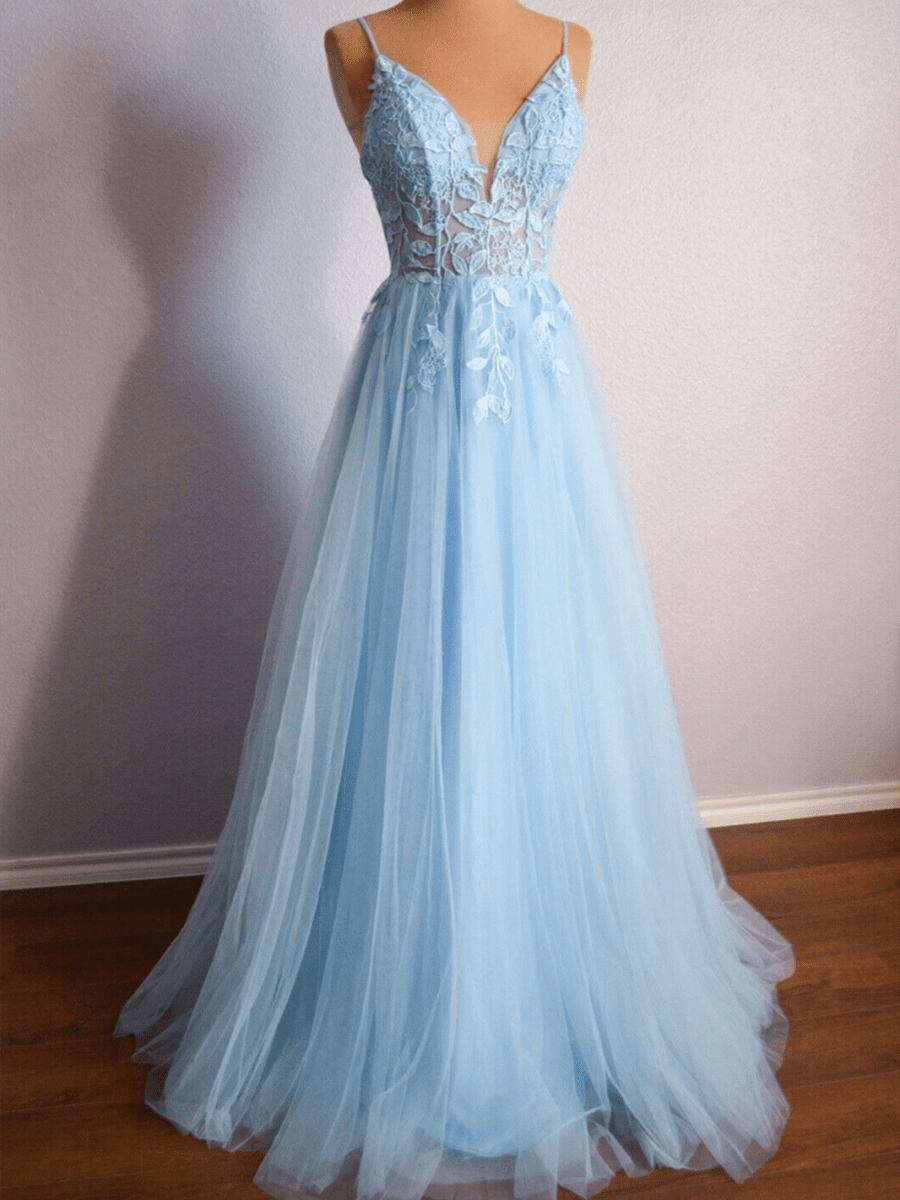 Sevoba|Light Blue V Neck Lace-Up Appliques Tulle Long Prom Dress
