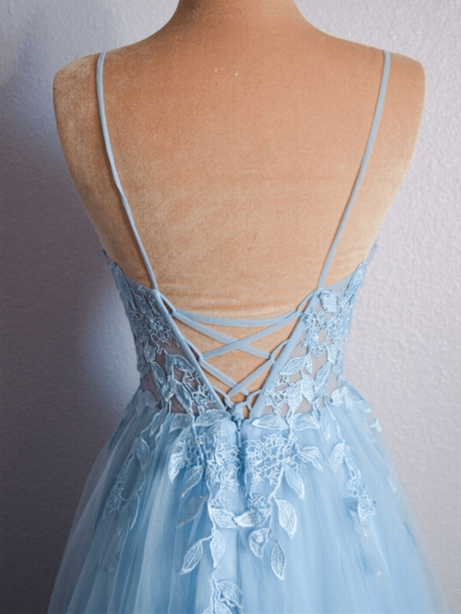 Cynthia | Light Blue V Neck Lace-Up Appliques Tulle Long Prom Dress