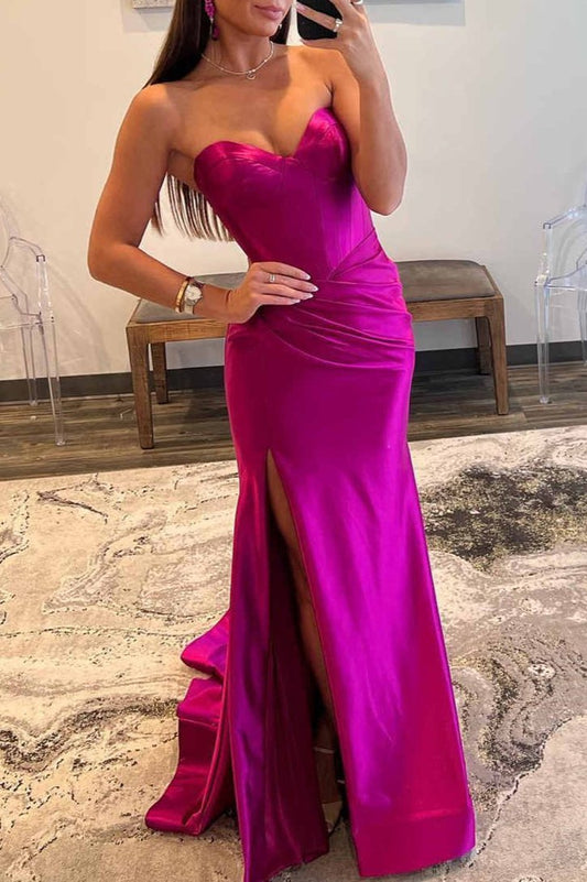 Sweetheart Fuchsia Pleated Mermaid Long Prom Dress