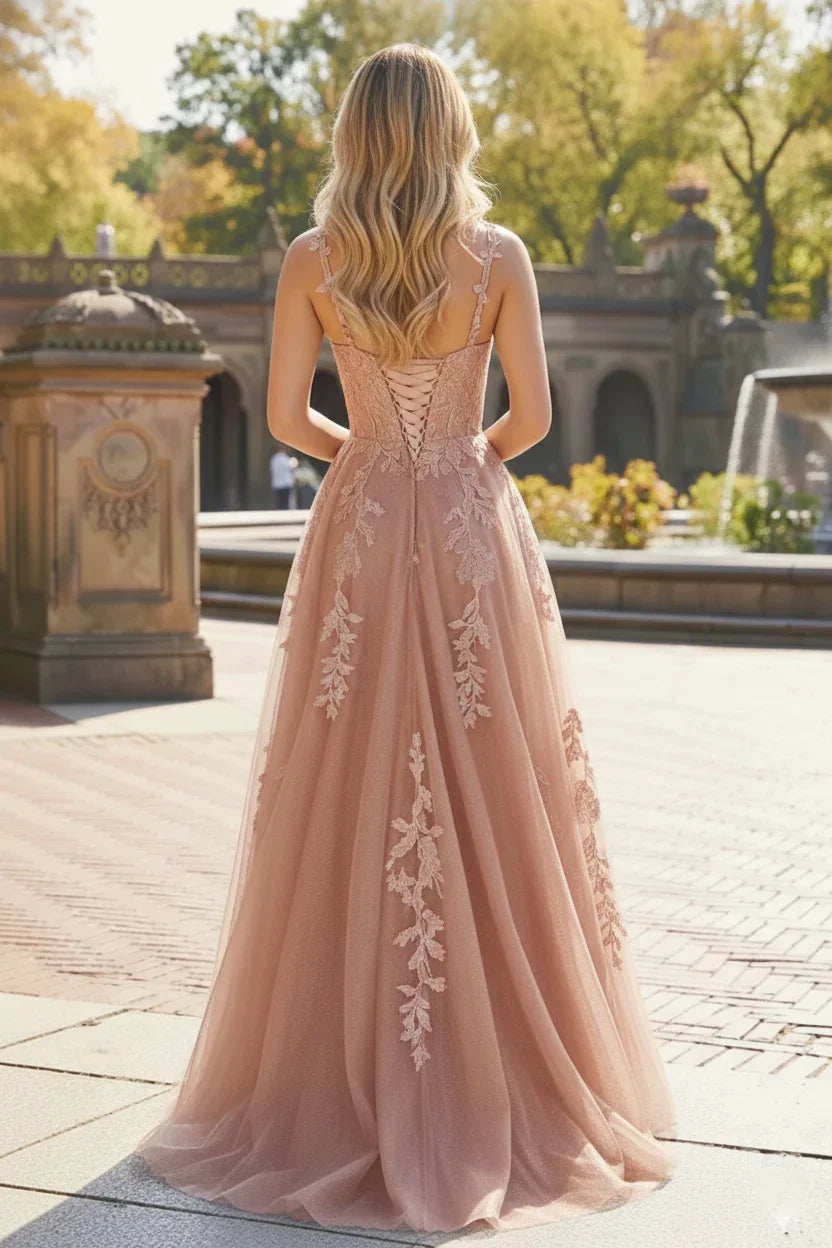 Floral Lace Spaghetti Strap Corset Tulle A-Line Prom Dress | Sevoba