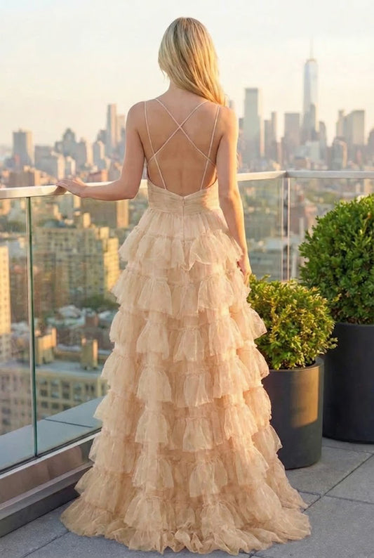 Floral Print Tiered Ruffle Tulle Prom Dress with Crisscross Back | Sevoba