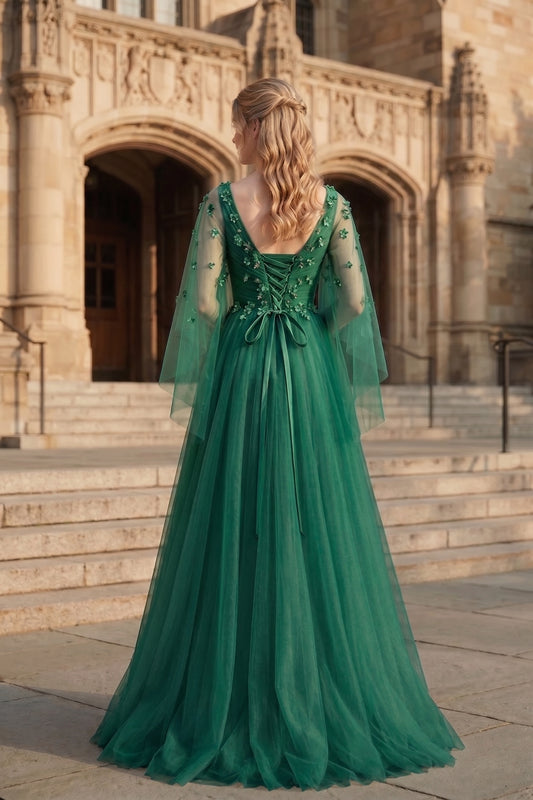 V Neck Applique Tulle A-Line Prom Dress with Sheer Sleeves and Lace-Up Back | Sevoba