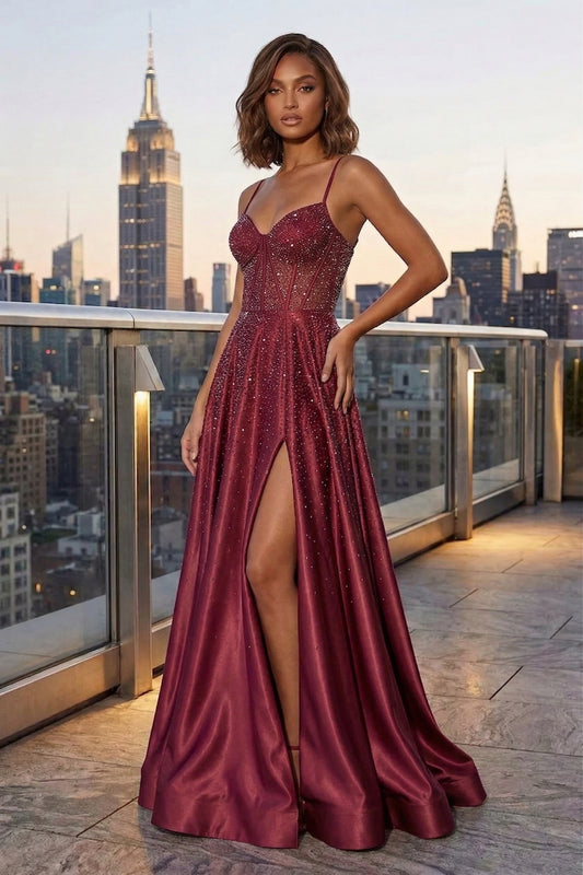 Spaghetti Strap Sheer Beaded Corset A-Line Prom Dress with Lace-Up Back & High Slit | Sevoba