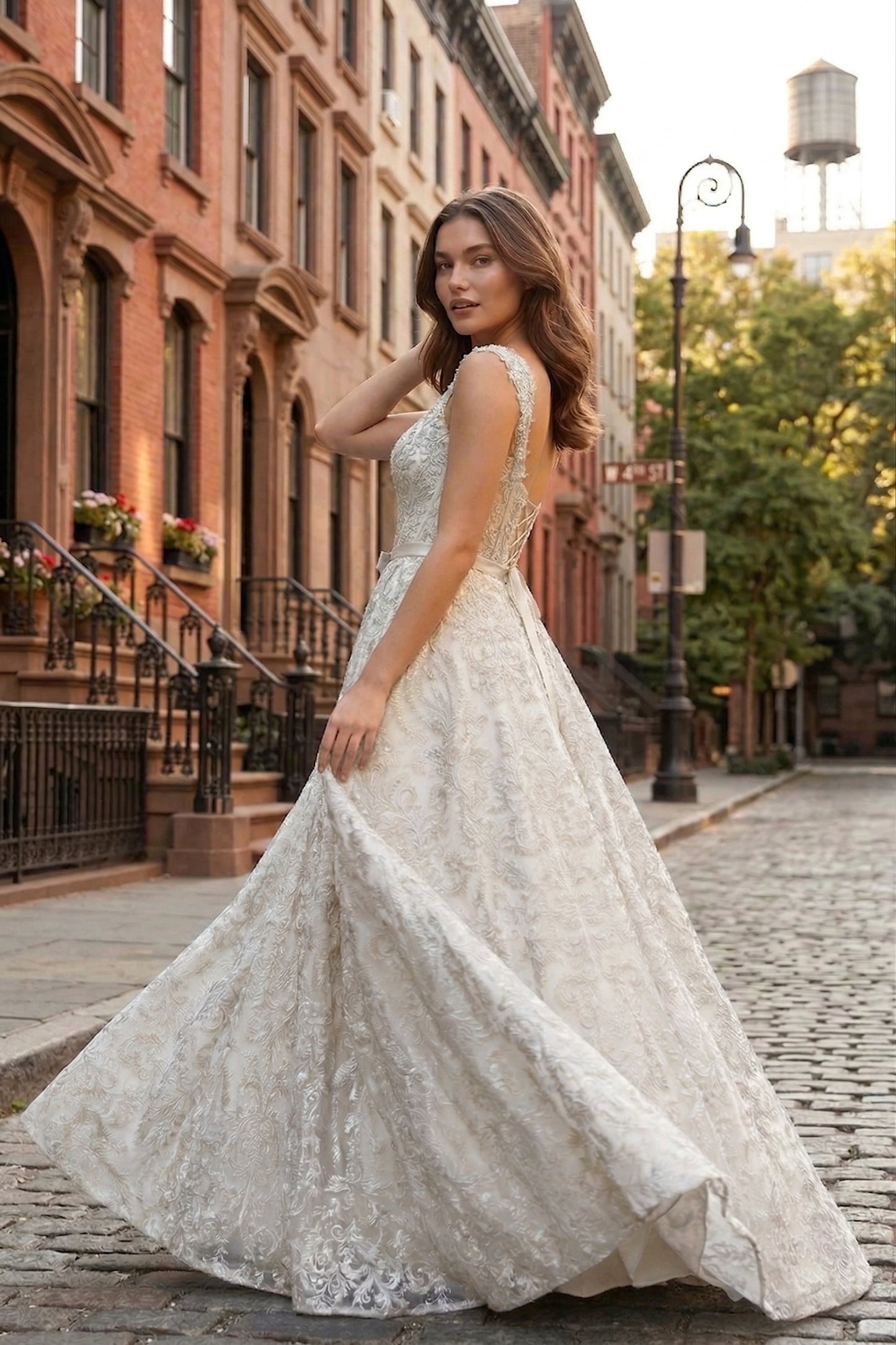 Square Neck Lace Corset A-Line Prom Dress with Satin Bow & Lace-Up Back | Sevoba